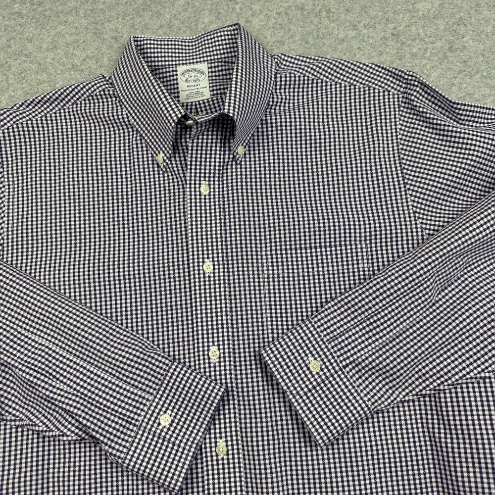 Brooks Brothers Regent Gingham Check Shirt‎ Mens 16-35 Purple Geometric Plaid